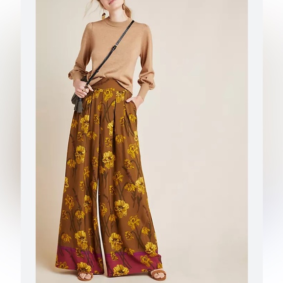 Anthropologie Maeve Pants Brown Terrace Floral Wide Leg Lagenlook size 8 - Picture 4 of 12